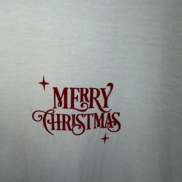 DENIM & FLOWER•Ricky Singh Sz Large White Tee w/Red Vintage-like Christmas Toast - Picture 4 of 7
